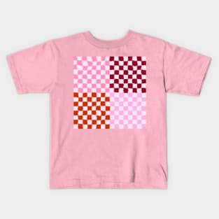 Pink and Red Checkerboard Grid Textured Kids T-Shirt